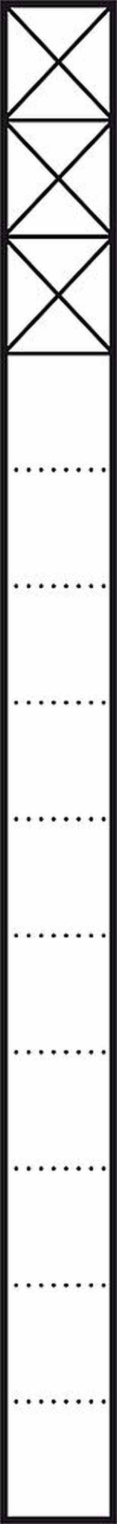 Ein langer weißer vertikaler Streifen mit mehreren schwarzen horizontalen Strichen, oben befindet sich ein Muster aus Kreuzen.
