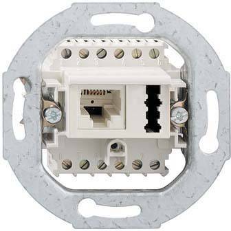 Abbildung einer Wanddose mit Netzwerkanschluss, klar erkennbar die Steckverbindungen und Schrauben zur Befestigung.
