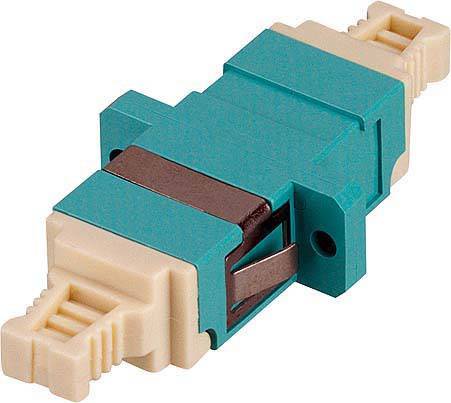 Ein LC/SC-Faseradapter in Türkis und Beige, der zur Verbindung von Glasfaserkabeln verwendet wird.
