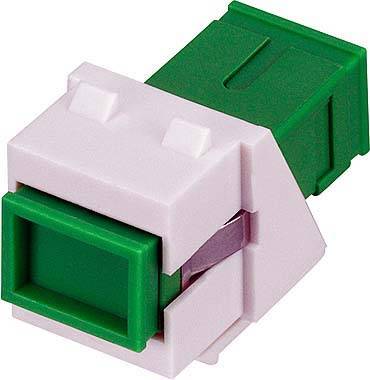 Ein Kunststoffadapter in Rosa und Grün für Keystone-Jacks zur Netzwerkverkabelung.