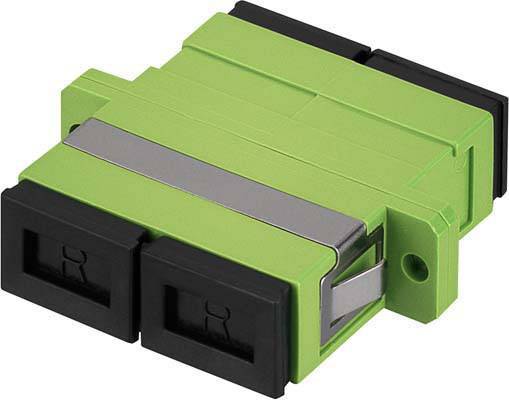 Grüner optischer LC Duplex Adapter mit schwarzem Kunststoff, für Glasfaserkabelverbindungen, zeigt zwei Anschlüsse auf einer Seite.