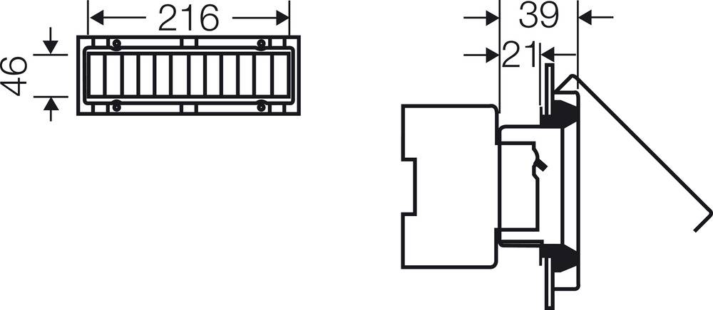 Technische Zeichnung eines rechteckigen Bauteils mit den Maßen 46x216 mm in der Frontansicht und 39x21 mm in der Seitenansicht.