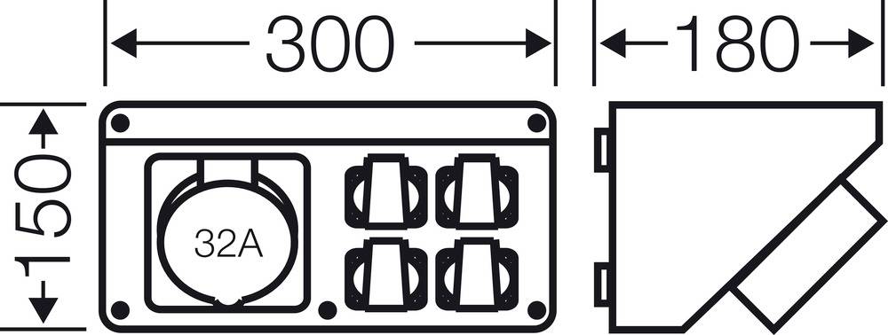 Abmessungsdiagramm eines Geräts mit vier Steckdosen und einem 32A-Anschluss. Außenmaße: 300mm x 150mm, Seitenansicht: 180mm tief.