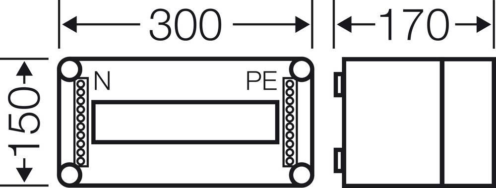 Abmessungen einer rechteckigen Box: Breite 300 mm, Höhe 150 mm, Tiefe 170 mm. Aufschrift 'N' und 'PE' auf der Oberseite.