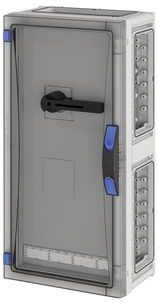 Grauer Verteilerkasten mit schwarzem Griff und blauen Akzenten, verwendet für die Sicherung und Verteilung von elektrischen Anschlüssen.