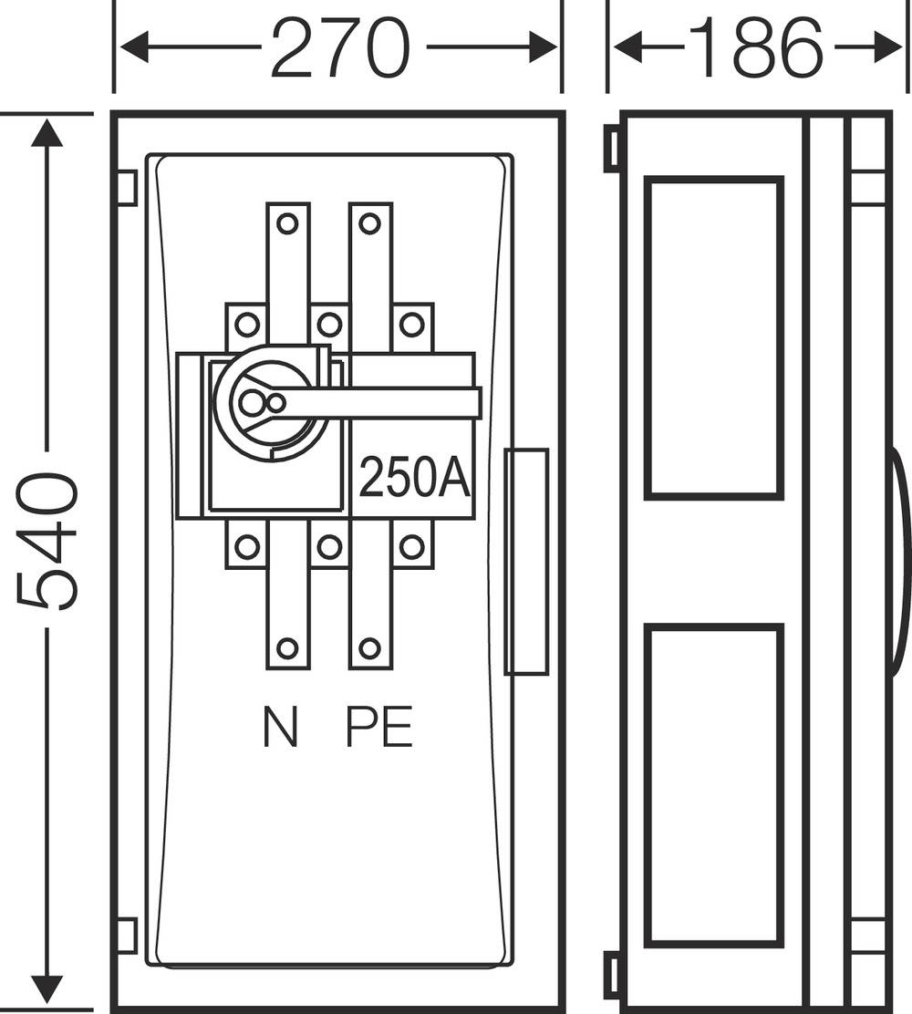 Technische Zeichnung eines Sicherungskastens mit den Beschriftungen '270', '540', '186', N', 'PE' und '250A'.