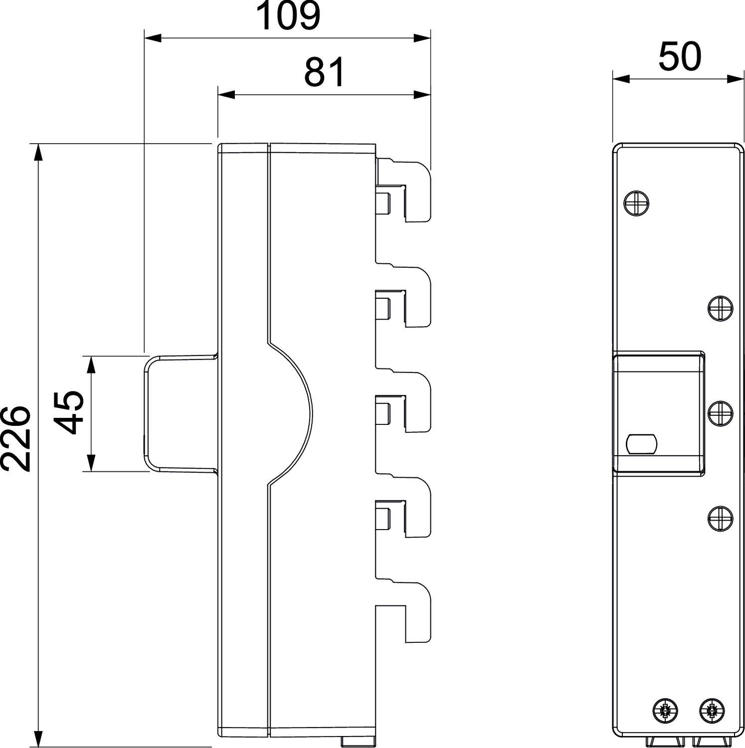 Technische Zeichnung eines Schlosses mit Abmessungen: Höhe 226 mm, Breite 50 mm, mittlere Tiefe 109 mm, Vorderansicht und Seitenansicht.