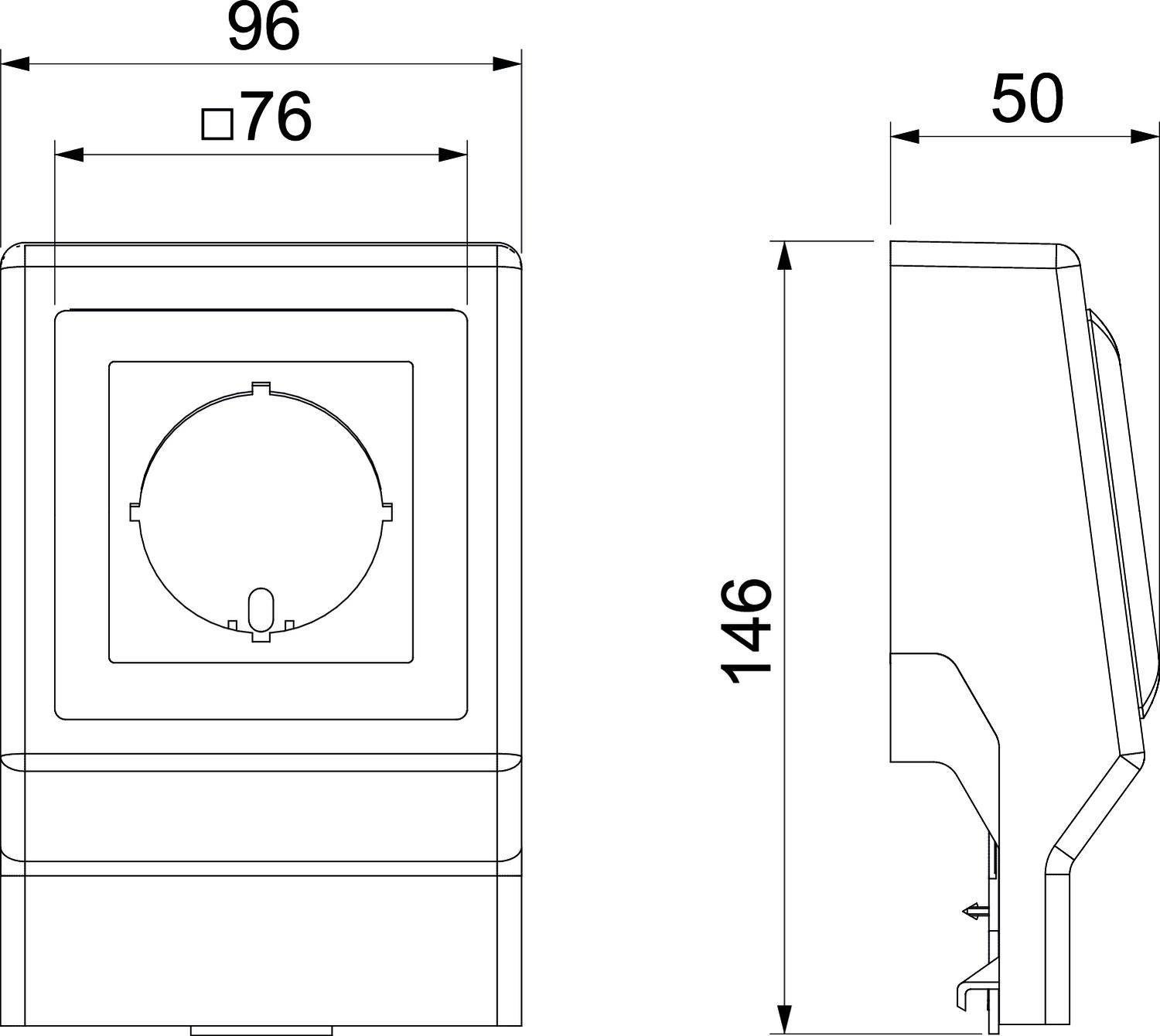 Technische Zeichnung einer Steckdose mit Abmessungen: Breite 96 mm, Tiefe 50 mm, Höhe 146 mm. Rechte Seitenansicht dargestellt.