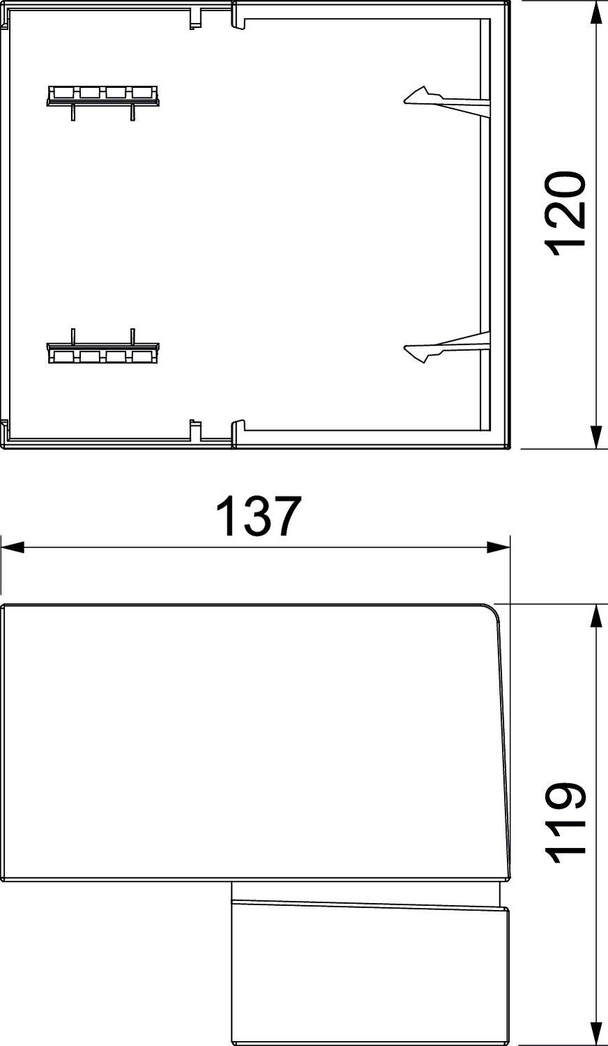 Technische Zeichnung eines rechteckigen Gehäuses mit Innenmaßen: 120 mm x 137 mm x 119 mm. Zeigt Bohrungen und Befestigungen.