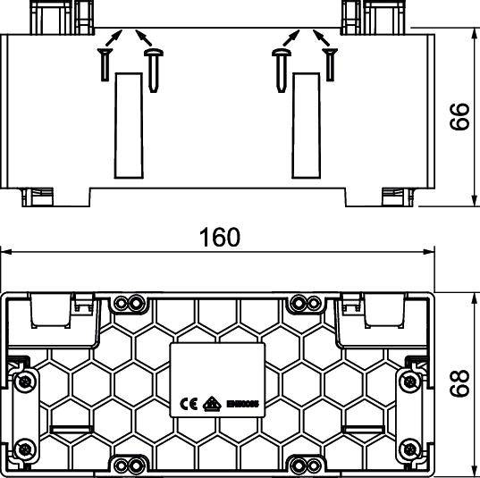 Technische Zeichnung eines rechteckigen Geräts mit den Maßen 160 mm Länge und 66 mm Höhe. Oben: Anschlüsse; unten: Sechseckmuster.