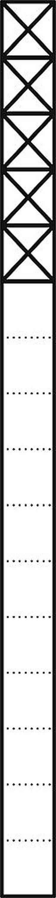 Eine vertikale Leiter mit mehreren Stufen, bestehend aus diagonal kreuzenden Streben oben und gepunkteten Linien unten.