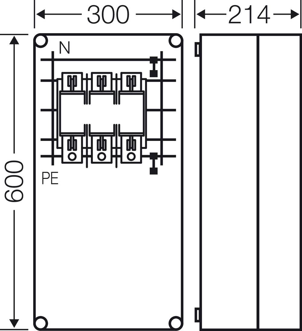Schaltplan eines elektrischen Schaltschranks mit Abmessungen: Höhe 600 mm, Breite 300 mm, Tiefe 214 mm. Klemmen für N und PE sichtbar.