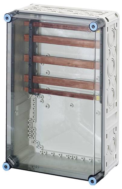 Ein transparenter elektrischer Verteilerkasten mit mehreren Kupferschienen im Inneren, umgeben von einer grauen Kunststoffhülle.