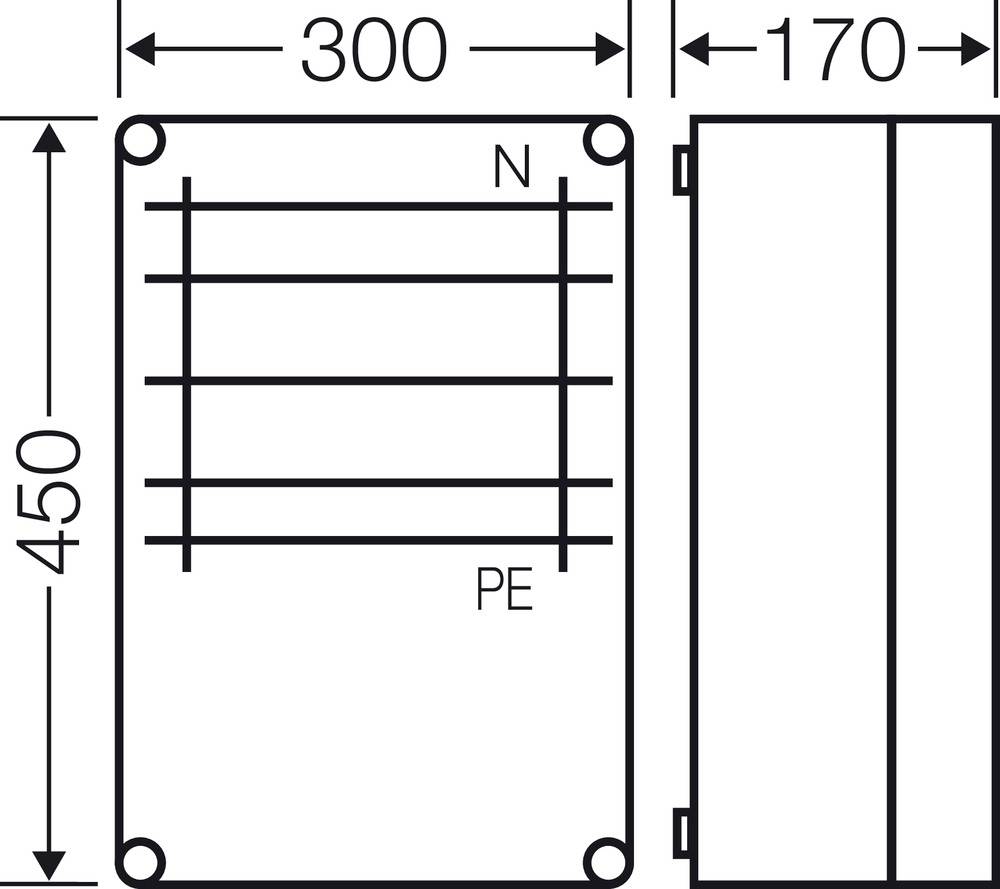Technische Zeichnung eines rechteckigen elektrischen Gehäuses mit Maßen: Breite 300 mm, Tiefe 170 mm, Höhe 450 mm. Markierungen 'N' und 'PE'.