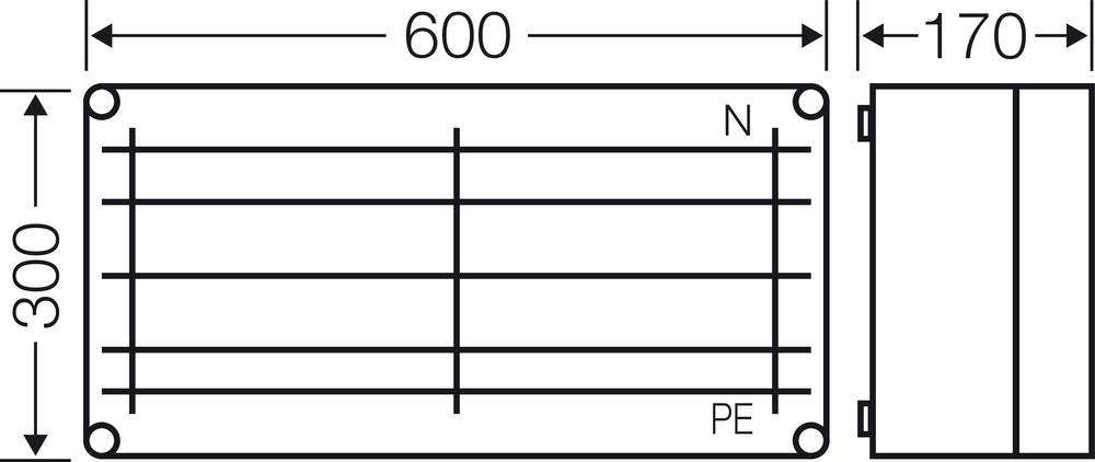 Technische Zeichnung eines rechteckigen Kastens mit Maßen 600 mm x 300 mm x 170 mm, markiert mit N und PE in den Ecken.