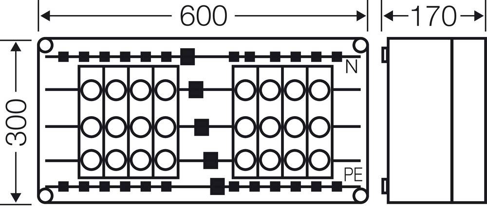 Technische Zeichnung eines rechteckigen Schaltschrankes, Maße: 600 mm Breite, 300 mm Höhe. Zwei Felder mit Schaltkreisen, markiert mit N und PE.