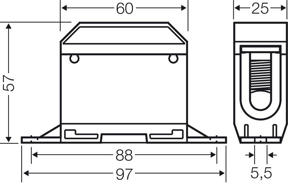 Technische Zeichnung eines Bauteils mit Maßen: 60 mm, 57 mm, 88 mm, 97 mm, 25 mm, 5,5 mm. Vorder- und Seitenansicht sind dargestellt.