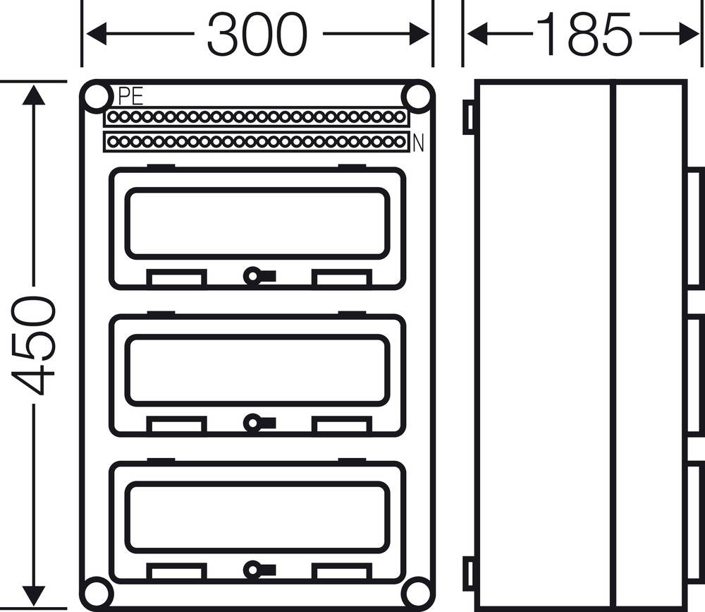 Abbildung eines Schaltschranks mit den Maßen 300x450x185 mm, zeigt die Aufteilung in drei Fächer und Anschlüsse für PE und N.