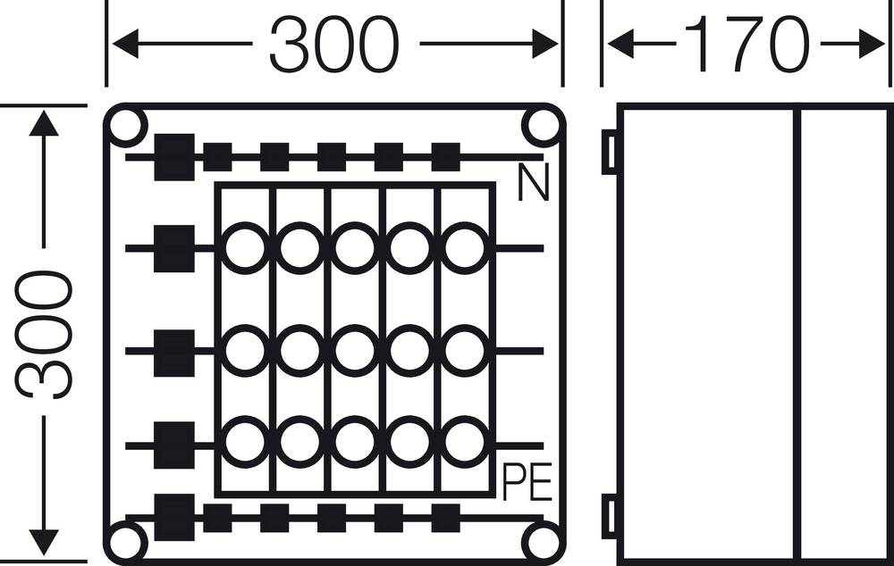 Ein Diagramm zeigt die Abmessungen eines elektrischen Schaltkastens. Der Kasten ist 300 mm breit und 170 mm tief, mit Anschlussklemmen markiert als 'N' und 'PE'.