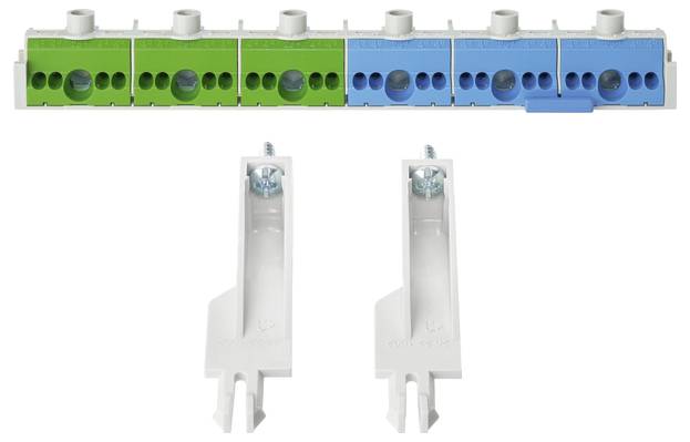 Ein elektrischer Klemmenblock mit grünen und blauen Anschlüssen. Darunter zwei weiße Montagehalterungen.