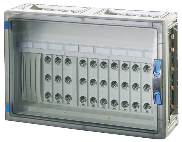 Verteilerkasten mit mehreren Reihen für Sicherungselemente, transparentes Gehäuse, zeigt leere Sockel, bereit zur Installation.