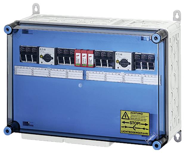 Verteilerkasten mit transparentem blauen Deckel, Schaltern und Sicherheitswarnung 'Achtung! Stopp! Lichtbogen gefahr'.