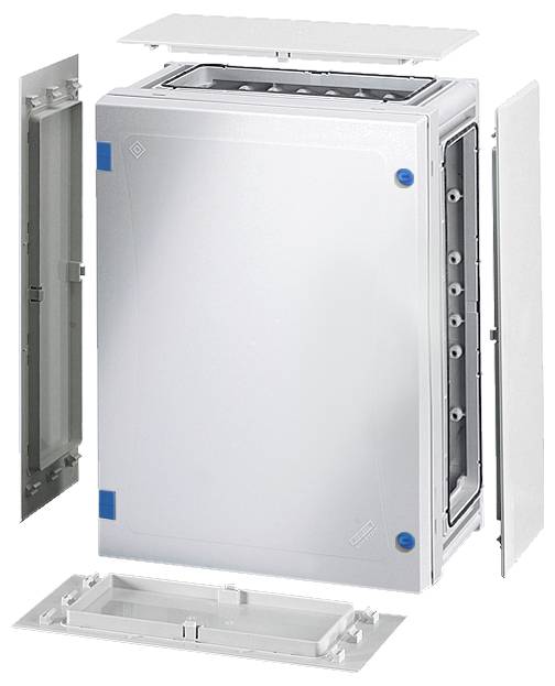 Ein weißes, rechteckiges Kunststoffgehäuse mit abnehmbaren Seitenwänden und Abdeckung, geeignet für elektronische Bauteile.