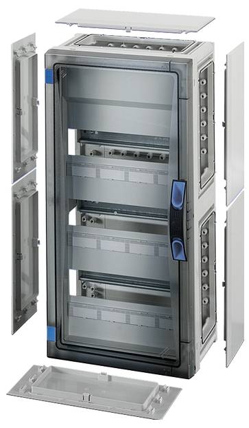 Elektrischer Schaltschrank mit geöffneten Seiten- und Fronttüren, zeigt Innenfächer zur Installation elektrischer Komponenten.