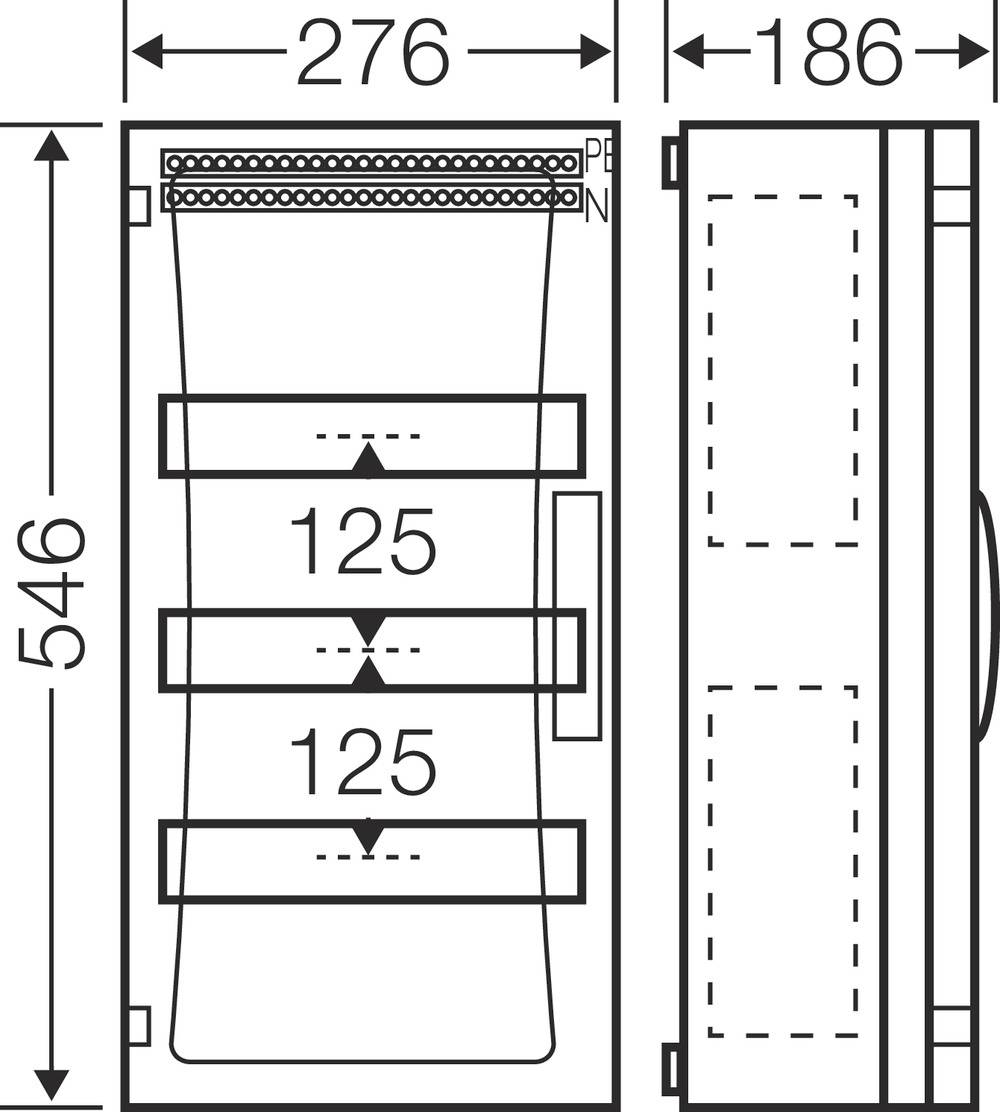 Skizze eines Schaltschranks mit Front- und Seitenansicht. Maße: 276 mm Breite, 546 mm Höhe, 186 mm Tiefe. 125 mm Abstand zwischen den Regalen.