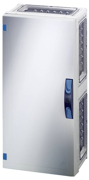 Elektrischer Schaltschrank mit geschlossener Tür, seitliche Kabeldurchführungen sichtbar, geeignet für Inneninstallationen.