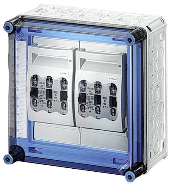 Ein transparenter elektrischer Sicherungskasten mit sichtbaren zwei Sicherungsautomaten, eingebaut in einem rechteckigen Gehäuse.