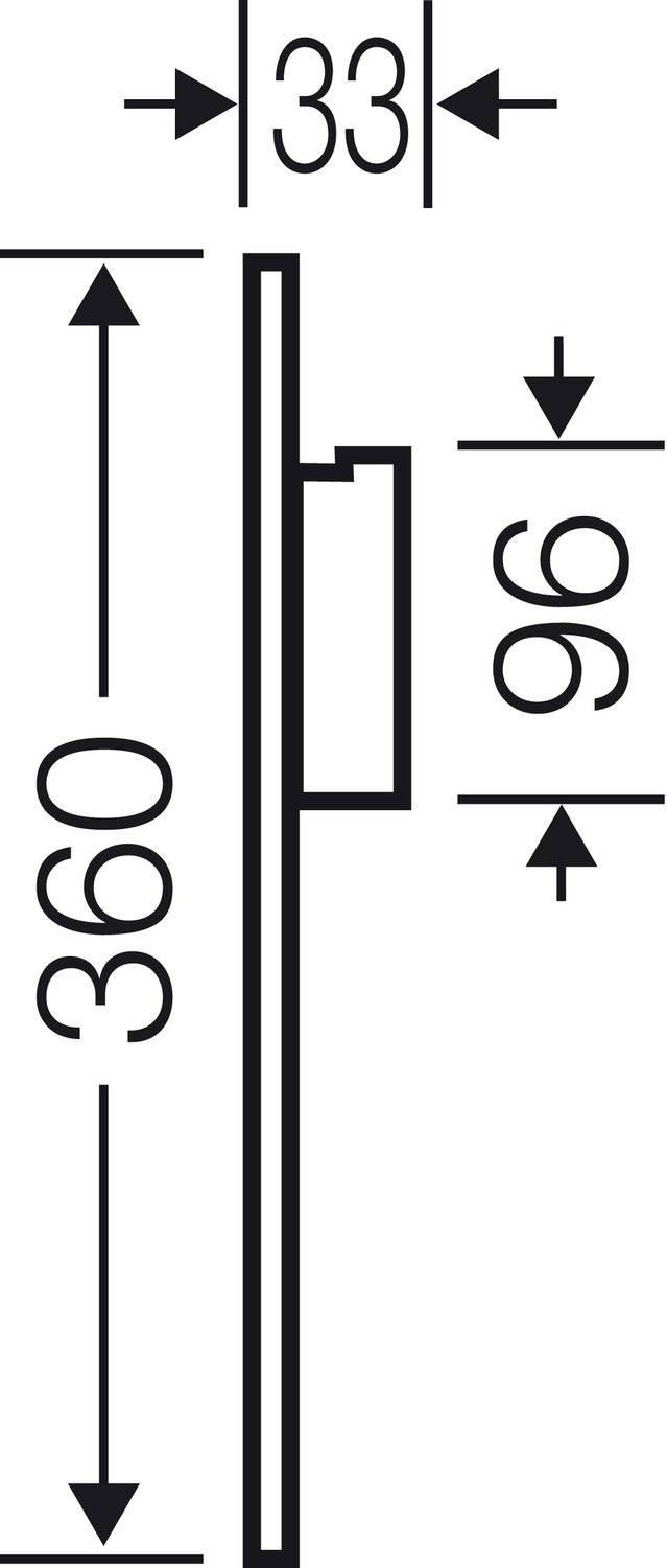 Seitenansicht eines rechteckigen Objekts mit Maßen: 33 mm Breite, 360 mm Höhe, 96 mm Tiefe. Zeigt technischen Schnitt.