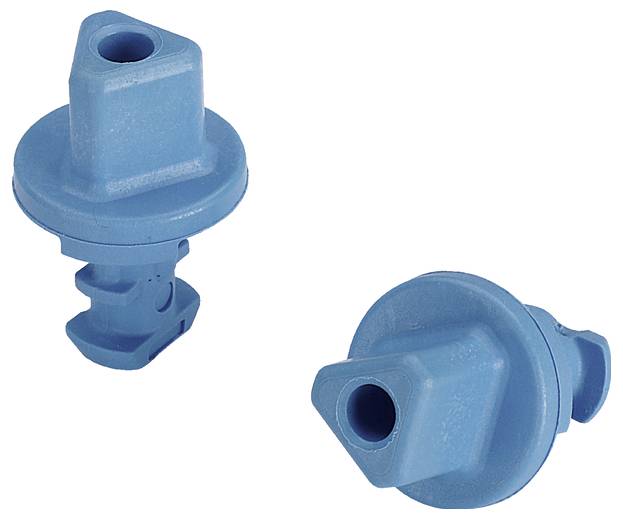 Zwei blaue Kunststoffbauteile mit unterschiedlichen Winkeln. Sie haben zylindrische Formen und leicht konische Enden.