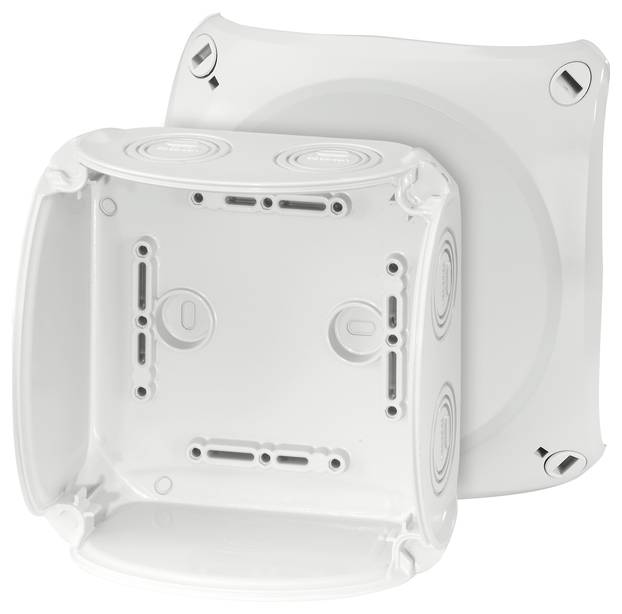 Zwei weiße, quadratische Kunststoffgehäuse, eines geöffnet und eines geschlossen. Sie zeigen Befestigungspunkte und Kabelöffnungen.