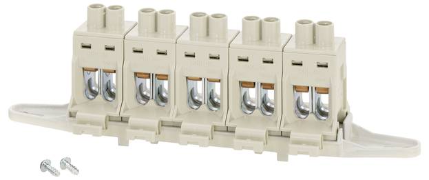Elektrische fünfpolige Klemmenleiste mit zwei separat liegenden Schrauben, geeignet zur sicheren Verbindung von Kabeln in Schaltschränken.