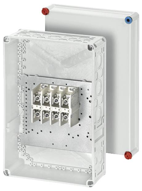 Weiße elektrische Verteilerbox mit durchsichtiger Abdeckung, zeigt interne Anschlussklemmen. Hintergrund: zweite Box.