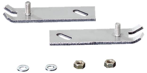 Zwei Metallhalterungen mit Schrauben, Muttern und Unterlegscheiben zur Befestigung.