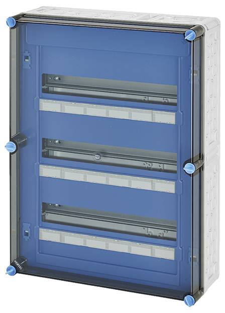 Ein leerer, transparenter Sicherungskasten mit blauem Inneren und mehreren horizontalen Schienen zur Aufnahme elektrischer Bauteile.