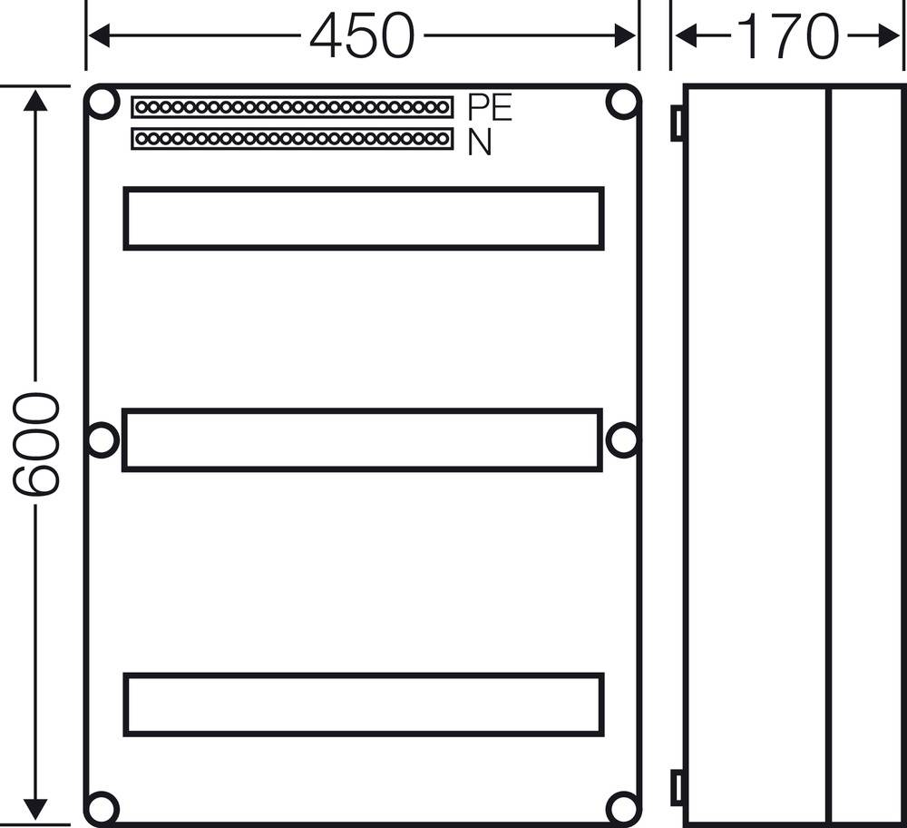 Schrankskizze mit Maßen: Höhe 600 mm, Breite 450 mm, Tiefe 170 mm. Enthält drei horizontale Fächer und Anschlüsse oben: PE und N.