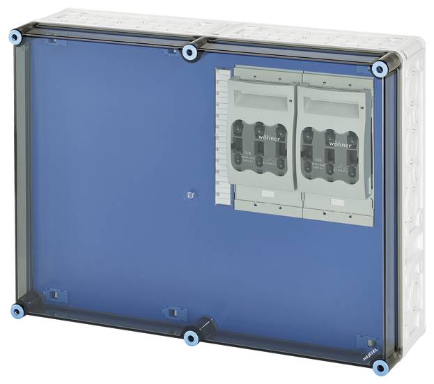 Ein transparenter blauer Sicherungskasten mit zwei Schaltern und mehreren Kabelöffnungen. Geeignet zur Installation in elektrischen Systemen.
