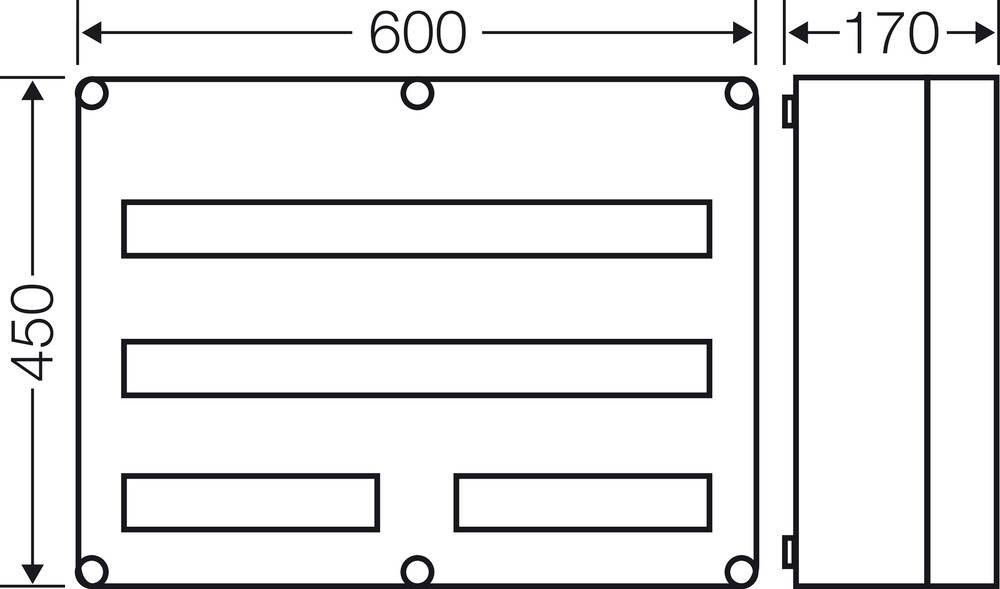 Diagramm zeigt technische Zeichnung einer rechteckigen Box mit den Maßen 600 x 450 x 170 mm und parallel angeordneten Linien.