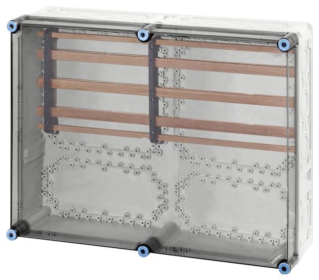 Durchsichtige elektrische Anschlussbox mit mehreren Befestigungspunkten und eingebauten Kupferschienen zur Stromverteilung.