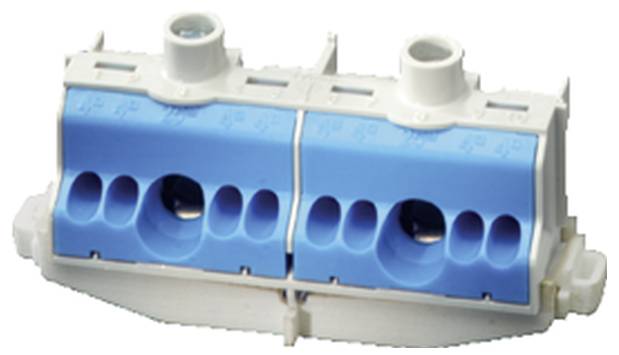 Ein blauer und weißer zweipoliger elektrischer Klemmenblock mit mehreren Anschlussöffnungen für Kabel.