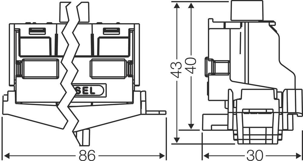 Technische Zeichnung eines Steckverbinders mit Seiten- und Vorderansicht. Maße: Breite 86 mm, Höhe 43 mm, Tiefe 40 mm.