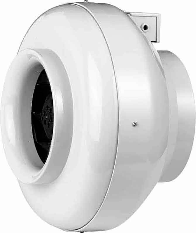 Runder, weißer Rohrventilator zur Belüftungssysteme. Zeigt seitliche Ansicht mit zentralem Lüfterrad. Geeignet für industrielle Anwendungen.