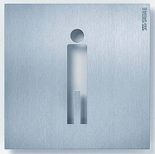 Edelstahlstück mit ausgeschnittener stilisierter Personenikone, möglicherweise als Türschild für Toiletten oder Umkleidekabinen verwendet.