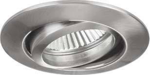 Einbauleuchte in einem silbernen Rahmen, geeignet zur Deckenmontage. Modernes Design mit verstellbarem Innenring für gerichtetes Licht.