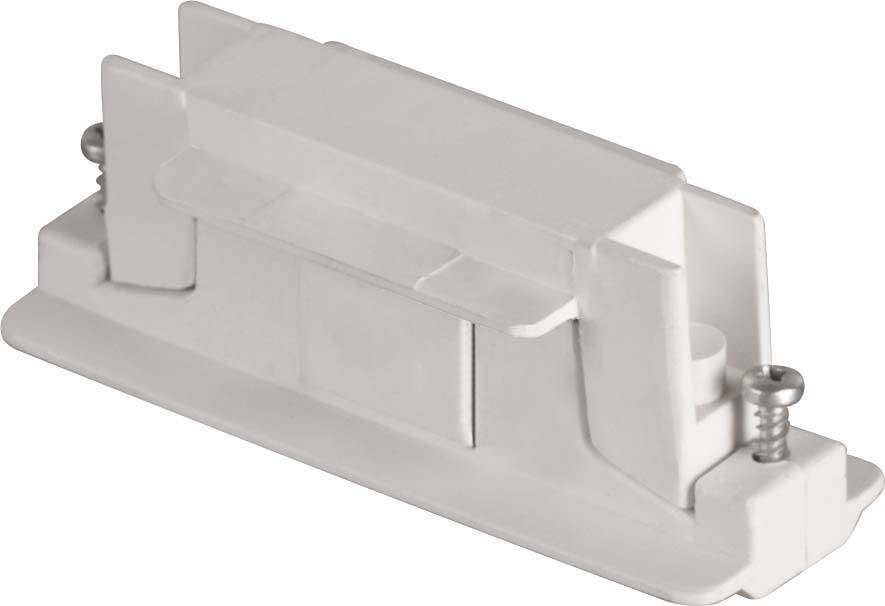 Ein weißer Plastikhalter, möglicherweise ein Ersatzteil oder Montagezubehör, mit zwei sichtbaren Schrauben an den Enden.