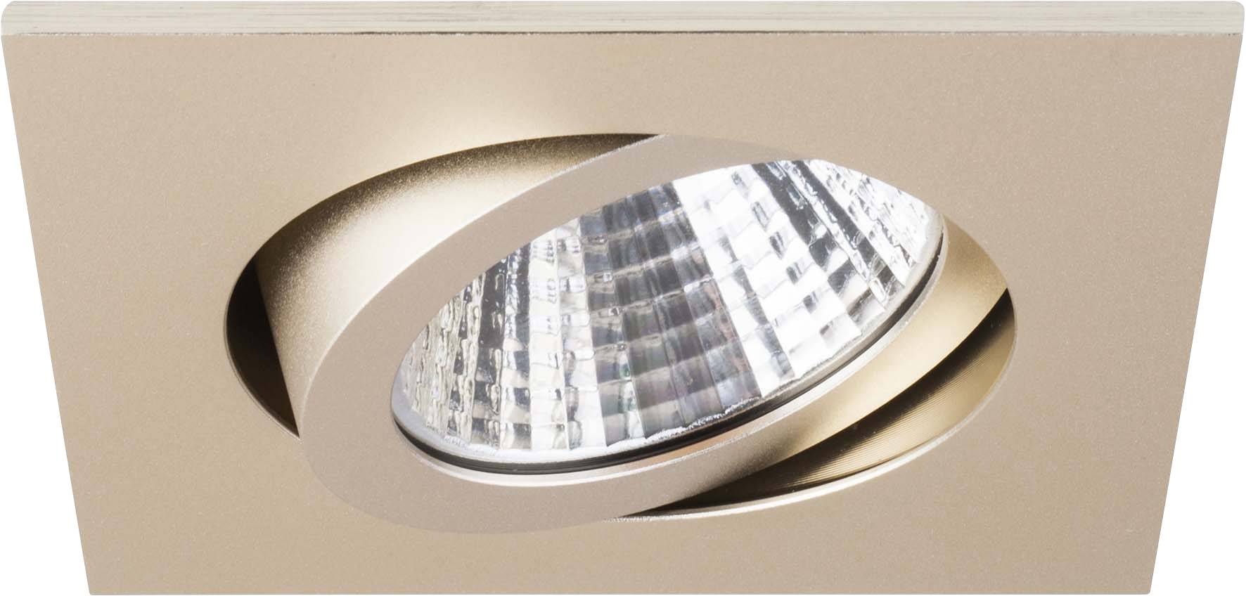 Quadratische Deckeneinbauleuchte mit schwenkbarem, reflektierendem Inneren, zur fokussierten Beleuchtung.