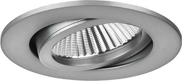 Runde, silberne Einbaudeckenleuchte mit verstellbarem Spot und geriffeltem Reflektor, ideal zur Akzentbeleuchtung.